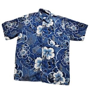 Sideout Mens XL Hawaiian Shirt Blue White Hibiscus Floral Short Sleeve Vintage *